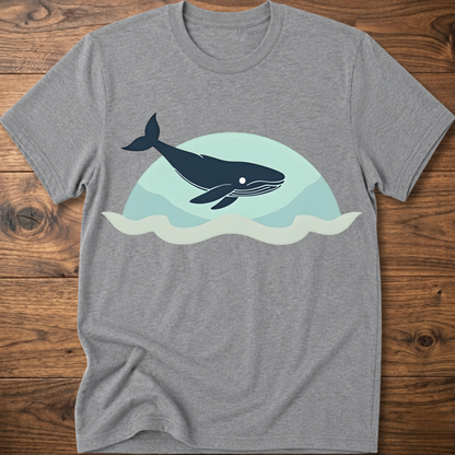 Heather gray crew-neck t-shirt with dark whale graphic over teal waves design