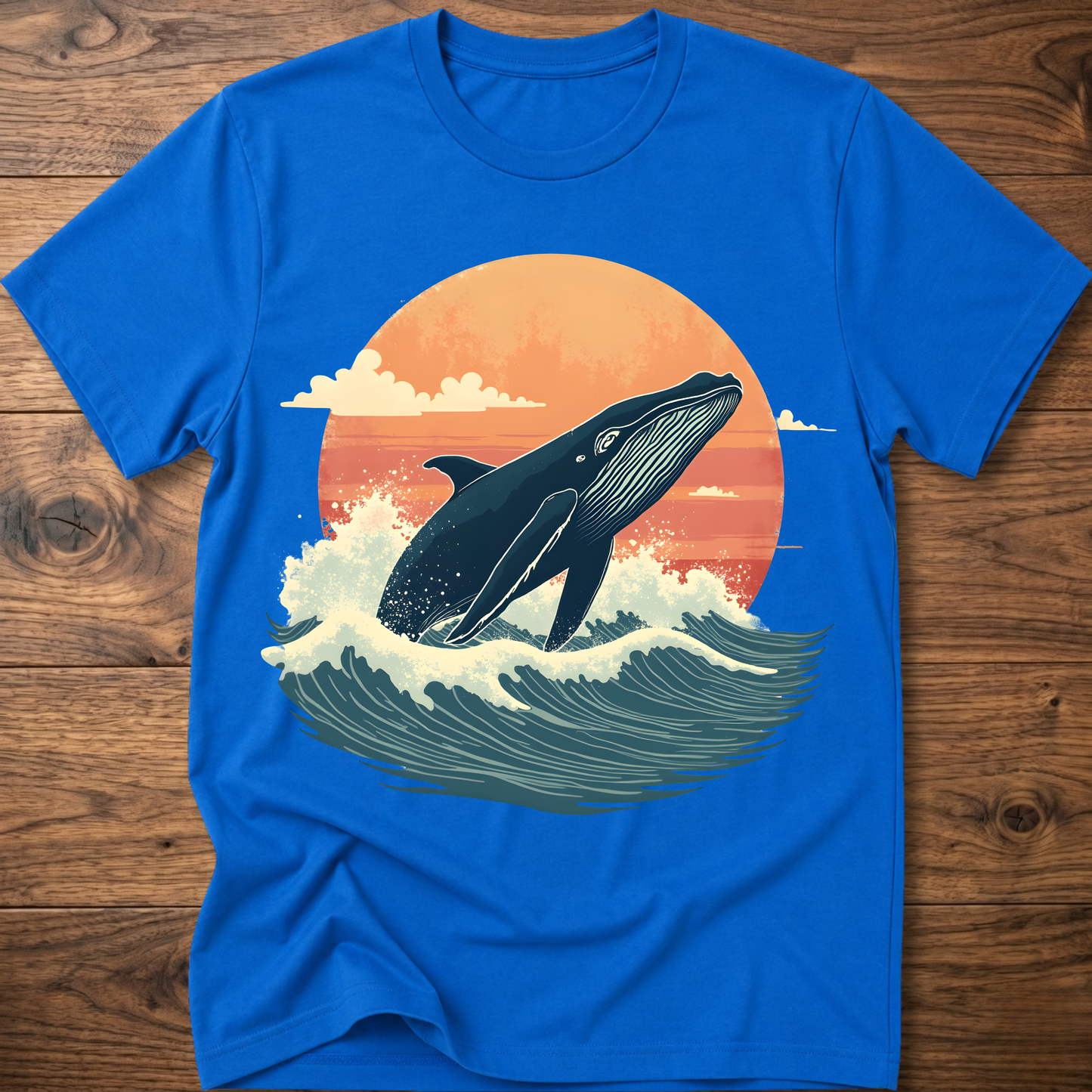 Royal blue whale graphic t-shirt with ocean waves and sunset circle print