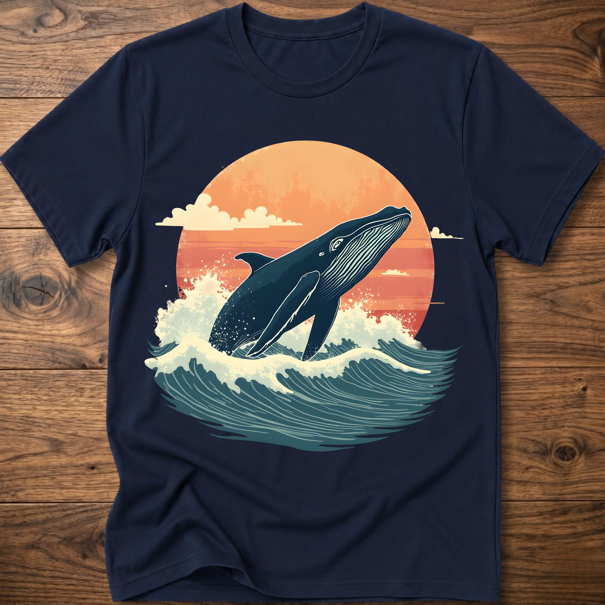 Navy whale graphic t-shirt with ocean waves and sunset circle print