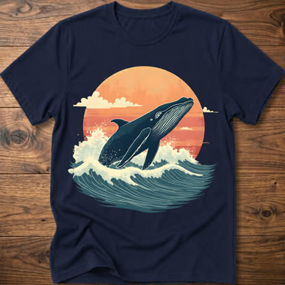 Navy whale graphic t-shirt with ocean waves and sunset circle print