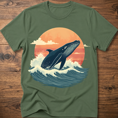 Military green whale graphic t-shirt with ocean waves and sunset circle print