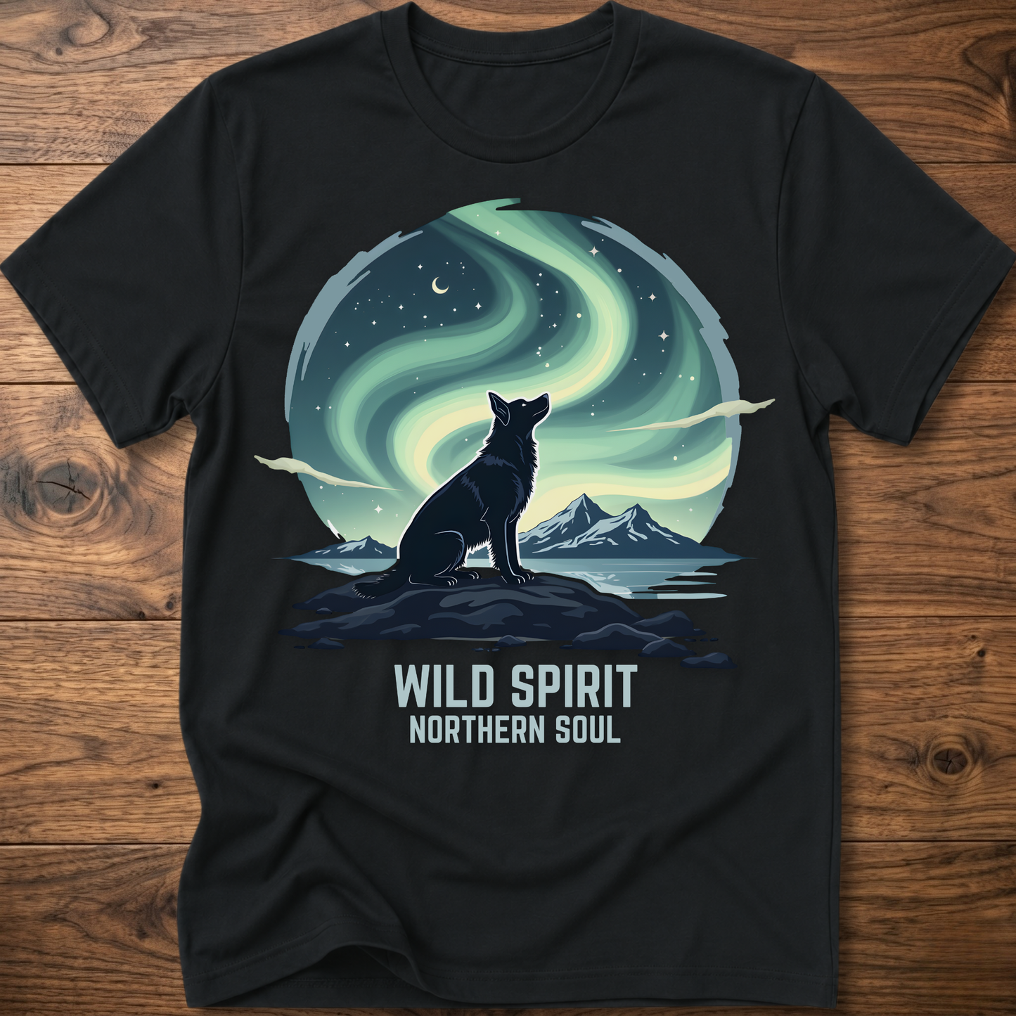 Black crewneck T-shirt with cat aurora graphic and 'WILD SPIRIT NORTHERN SOUL'