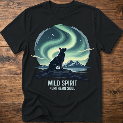 Black crewneck T-shirt with cat aurora graphic and 'WILD SPIRIT NORTHERN SOUL'