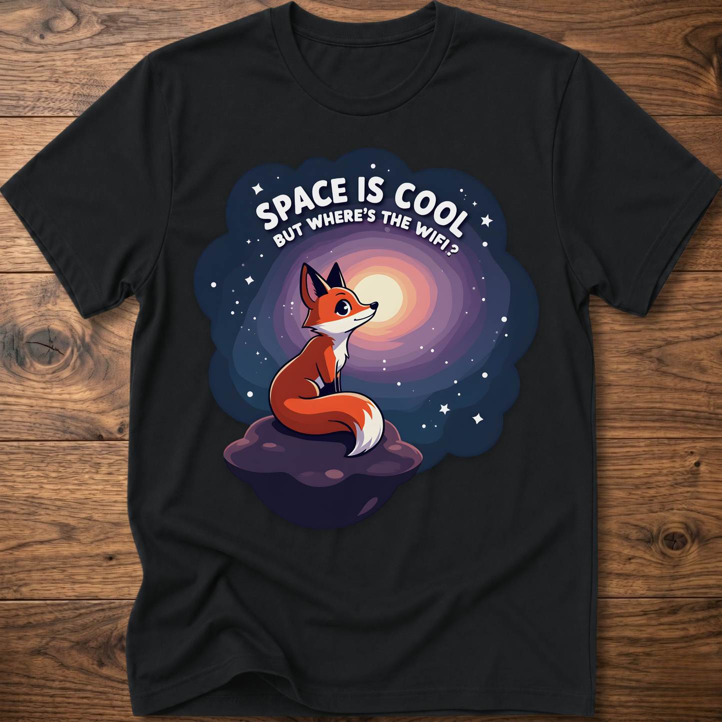 Black t-shirt with cartoon fox in space swirl graphic and “SPACE IS COOL” text