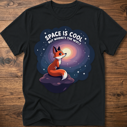 Black t-shirt with cartoon fox in space swirl graphic and “SPACE IS COOL” text