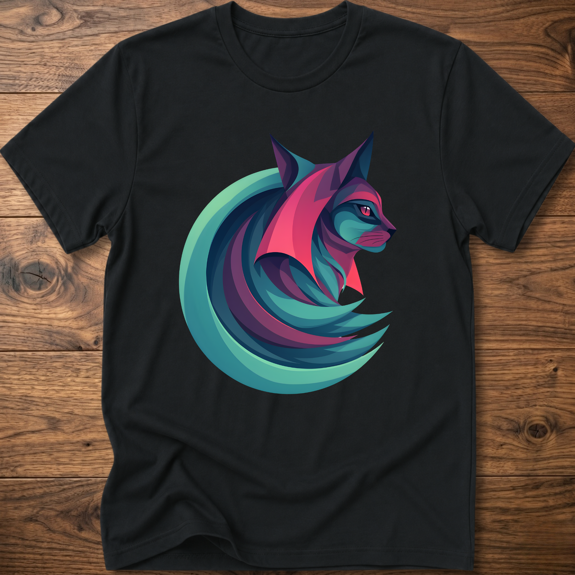 Geometric cat graphic T-shirt, black, crew neck short sleeves