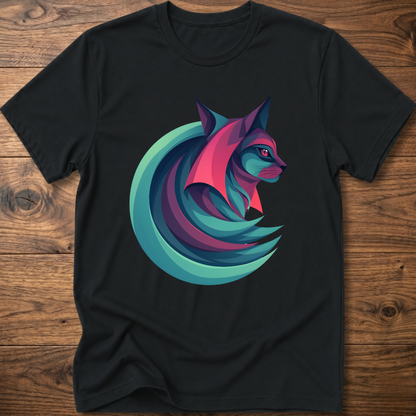 Geometric cat graphic T-shirt, black, crew neck short sleeves