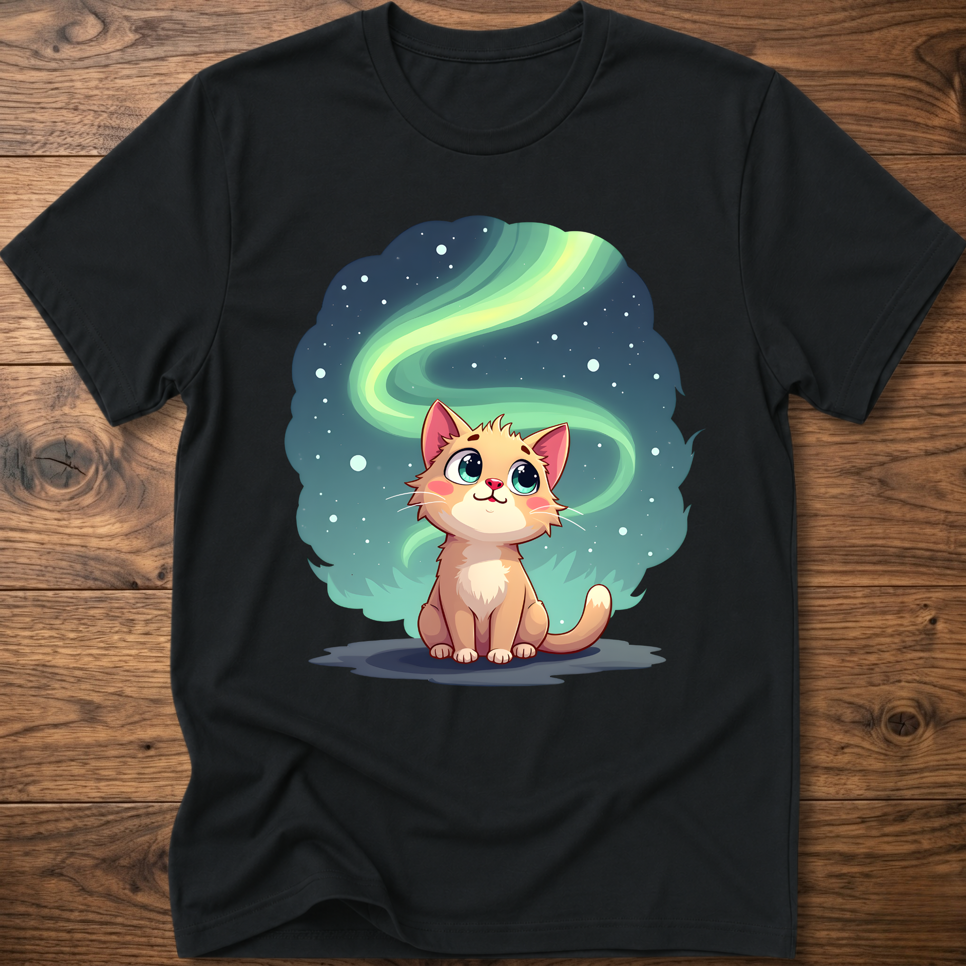 Black kitty graphic t-shirt with glowing green swirl and cute cat