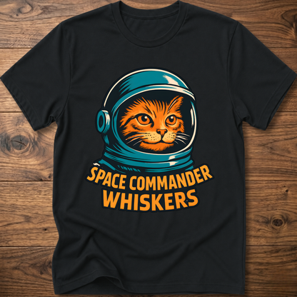 Astronaut cat graphic T-shirt, dark navy; “SPACE COMMANDER WHISKERS” print