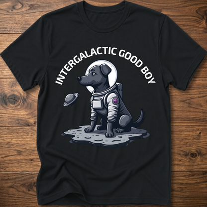 Black “Intergalactic Good Boy” dog graphic T-shirt with short sleeves