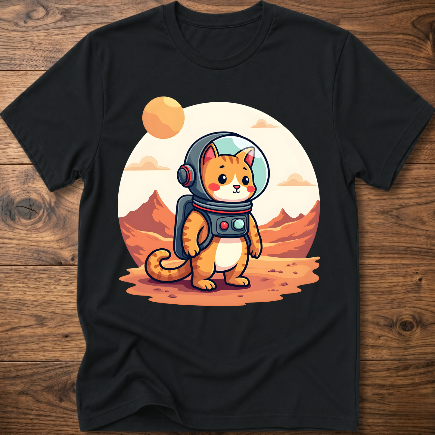 Black crew-neck T-shirt with astronaut cat graphic in the center