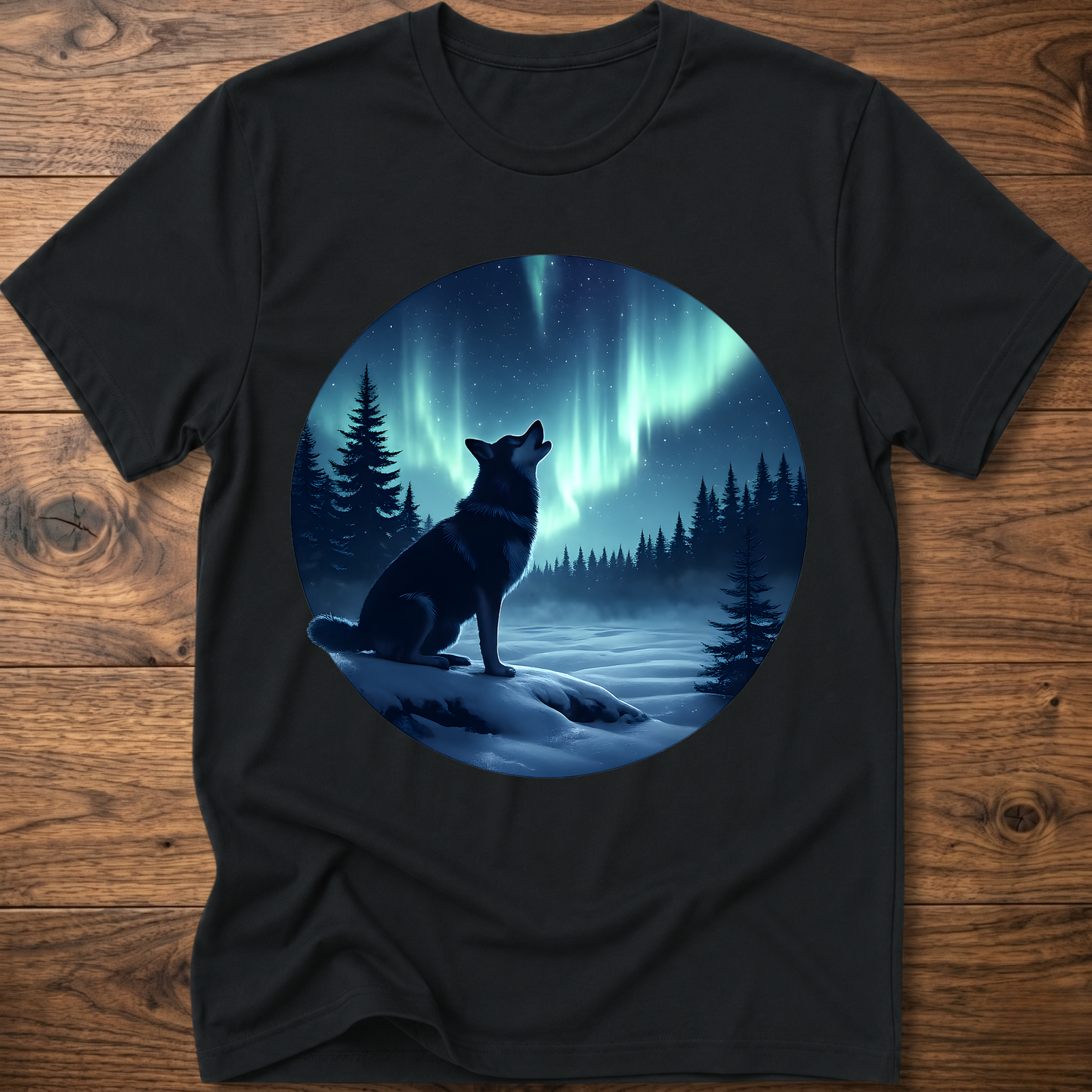 Black dog graphic t-shirt with circular aurora scene and dog silhouette