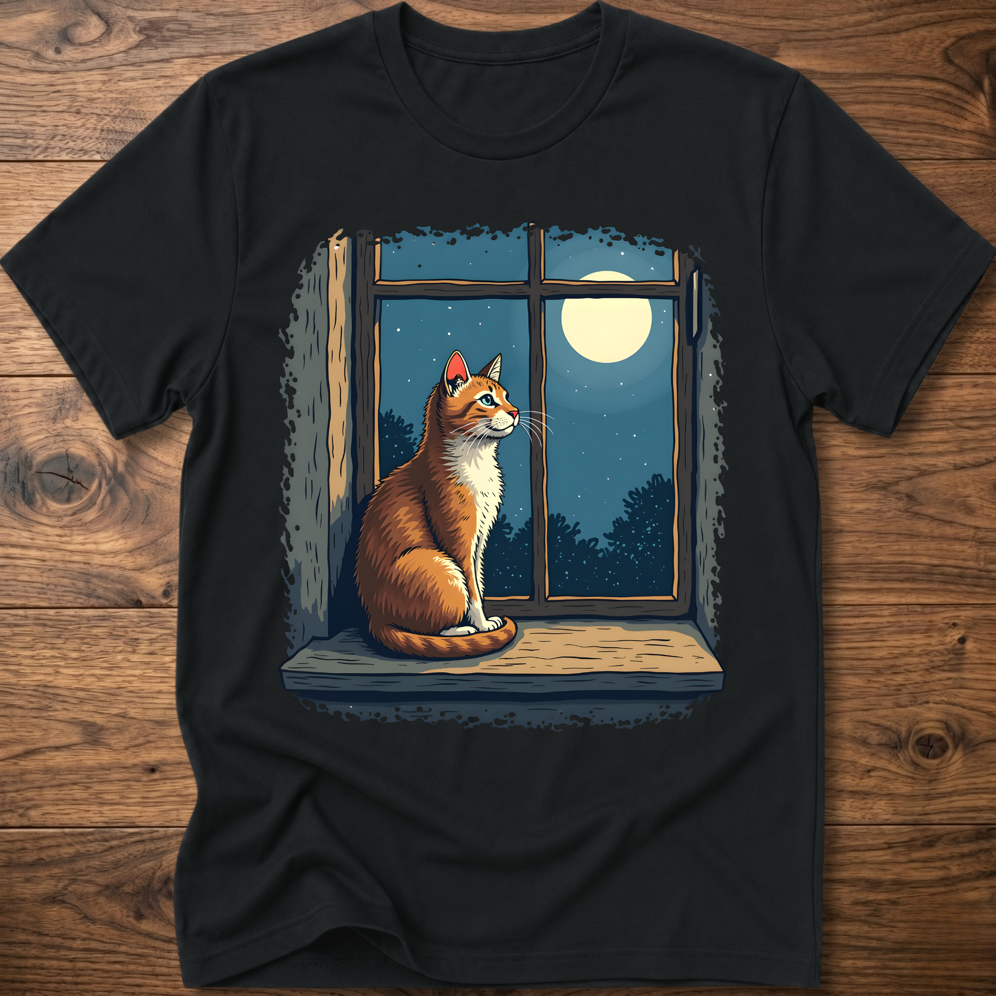 Black t-shirt with vintage cat sitting by a window under a moon