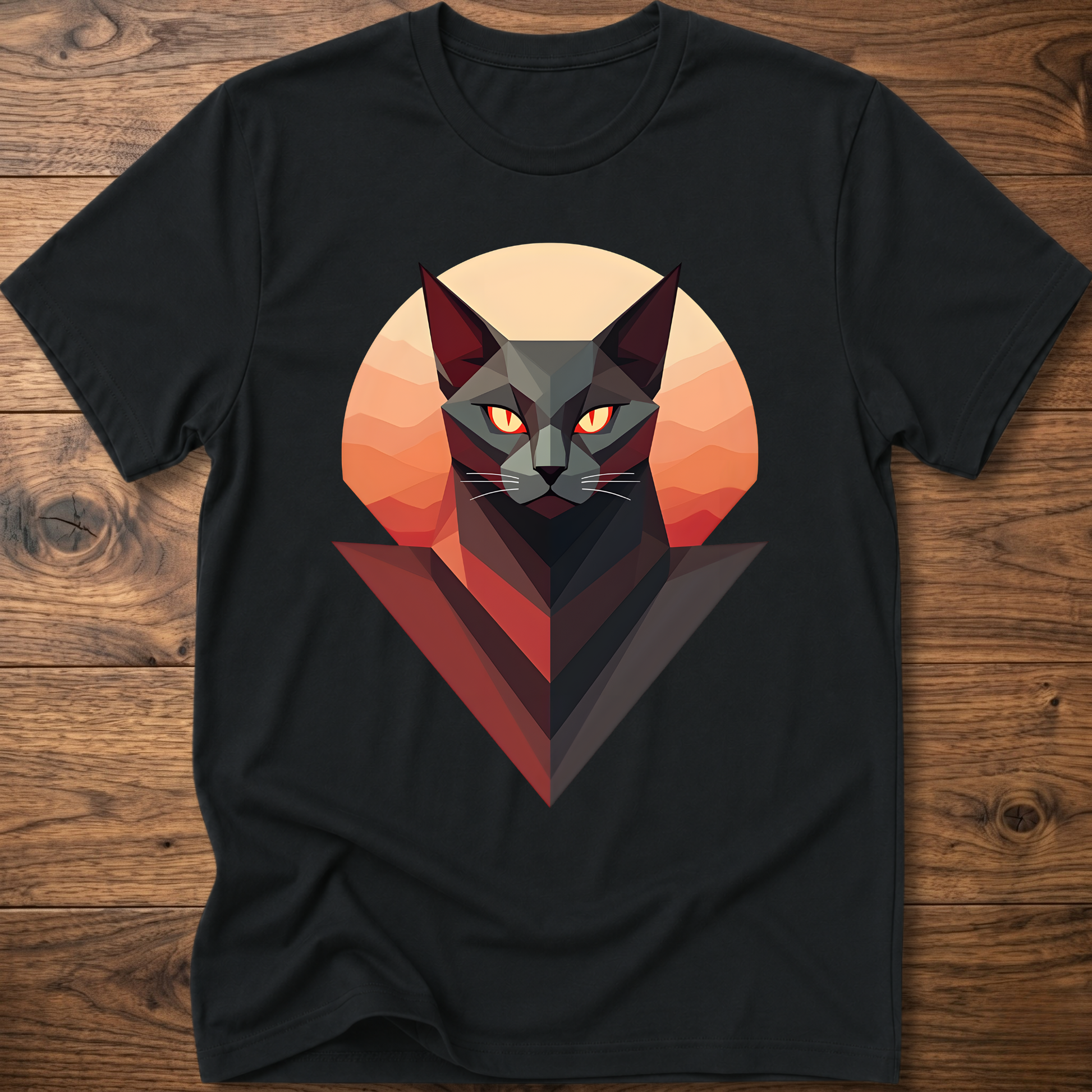 Black crew-neck cat geometric graphic T-shirt, short sleeves, bold triangle face design