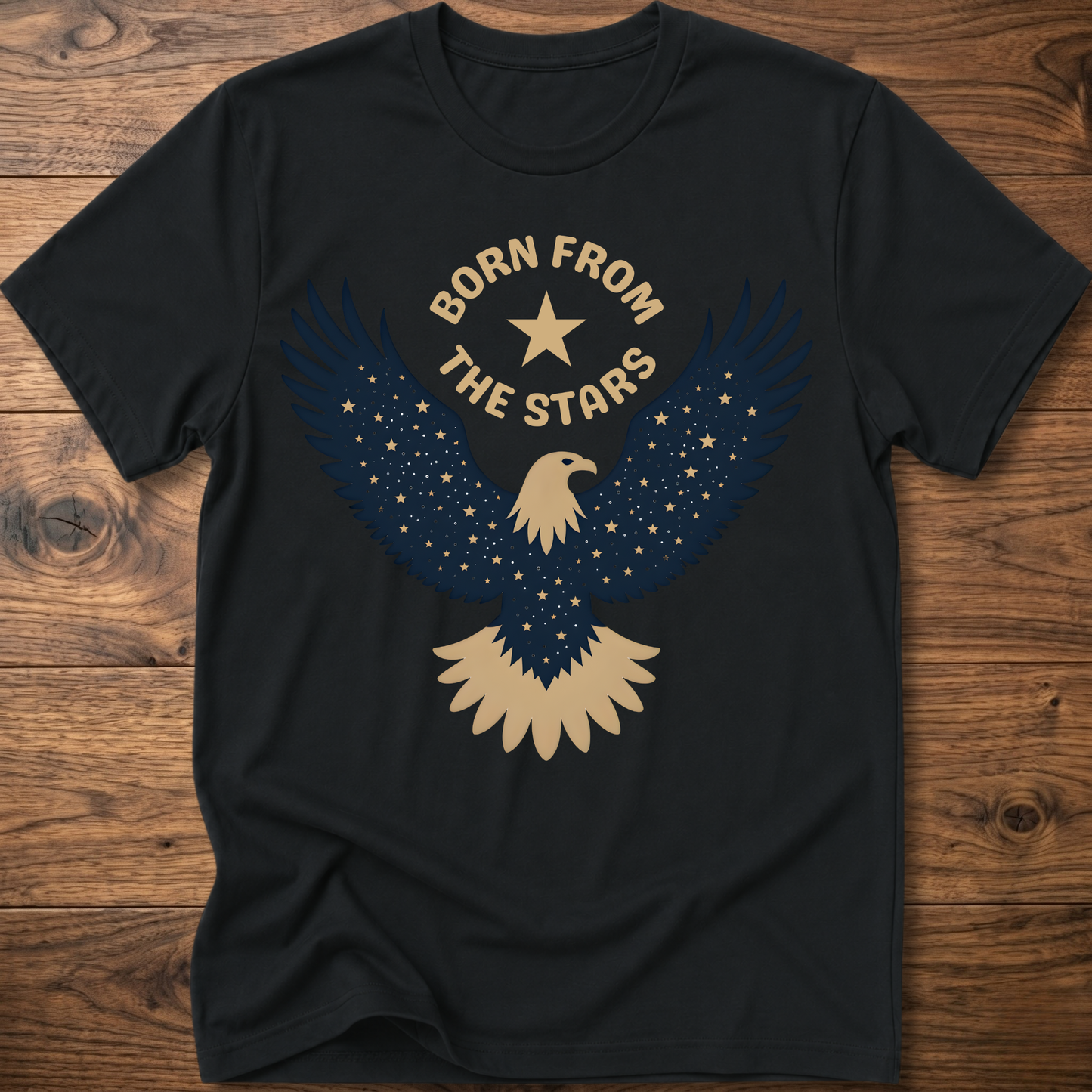 Black graphic eagle T-shirt with 'Born From the Stars' star-wing emblem
