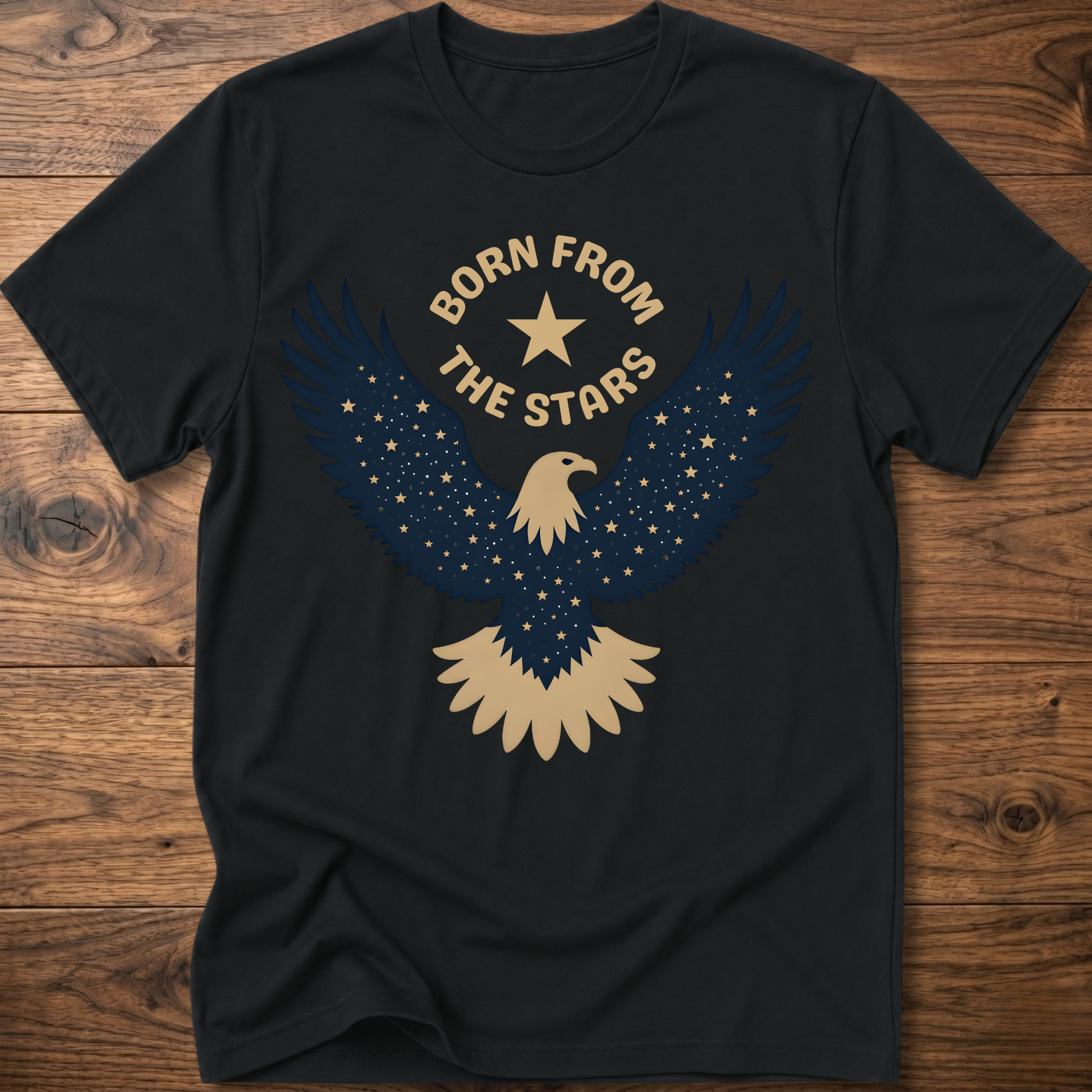 Black graphic eagle T-shirt with 'Born From the Stars' star-wing emblem