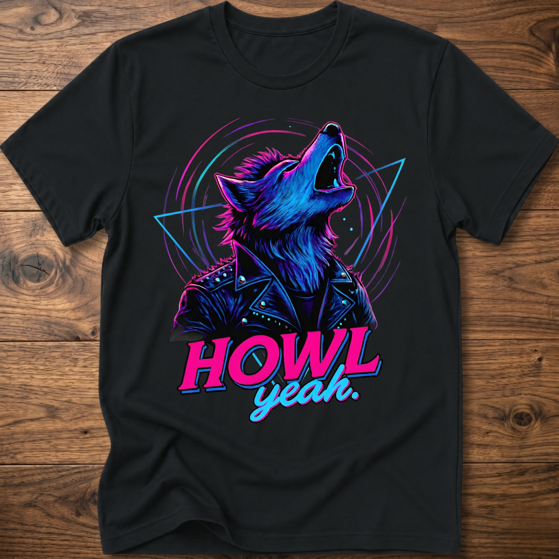 Black wolf graphic t-shirt with neon 'Howl Yeah' text print