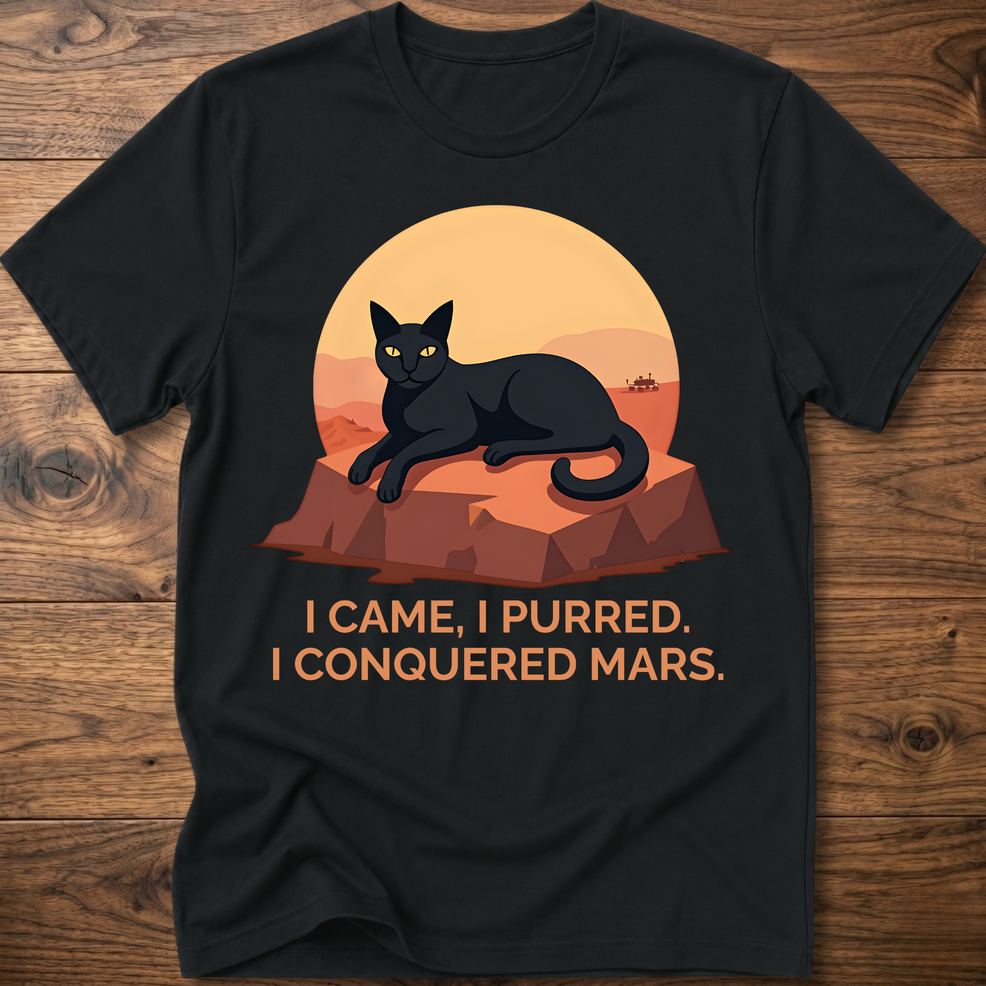 Conquered Cat T-shirt, black; lounging cat graphic with orange text 'I CAME, I PURRED.'