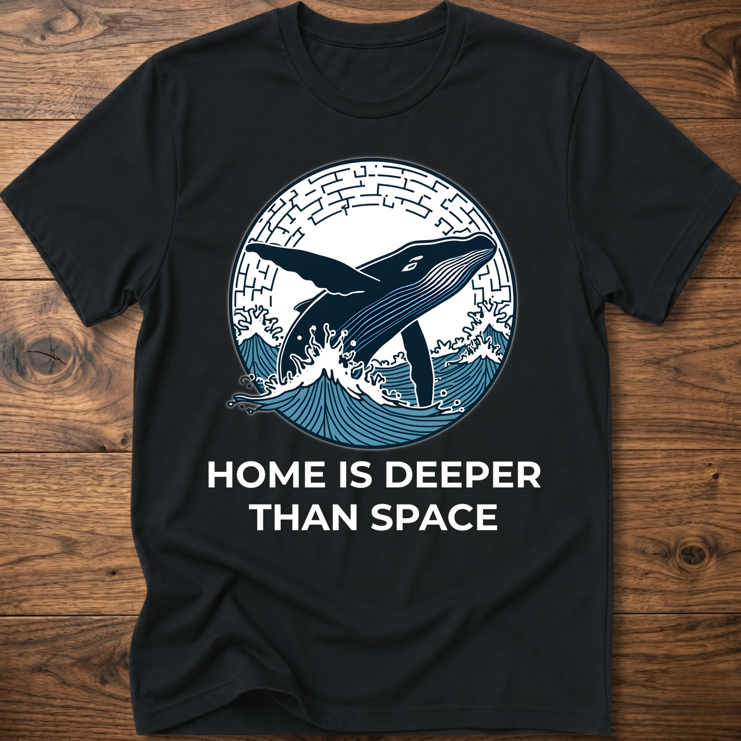 Black T-shirt with whale surf graphic and “HOME IS DEEPER THAN SPACE” text
