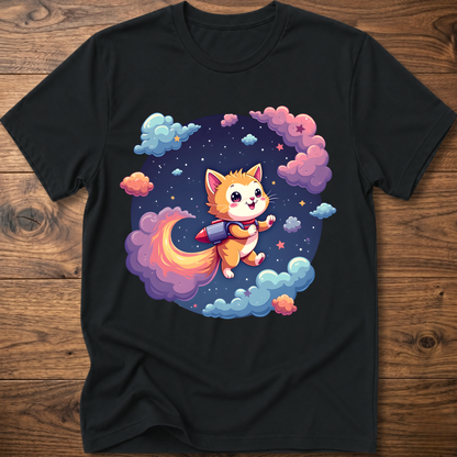 Black kids' graphic T-shirt with smiling orange astronaut cat in a galaxy wreath