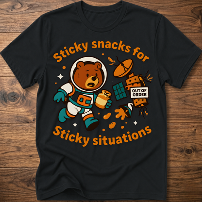 Black bear graphic t-shirt with cartoon snack scene and 'Out of Order' badge