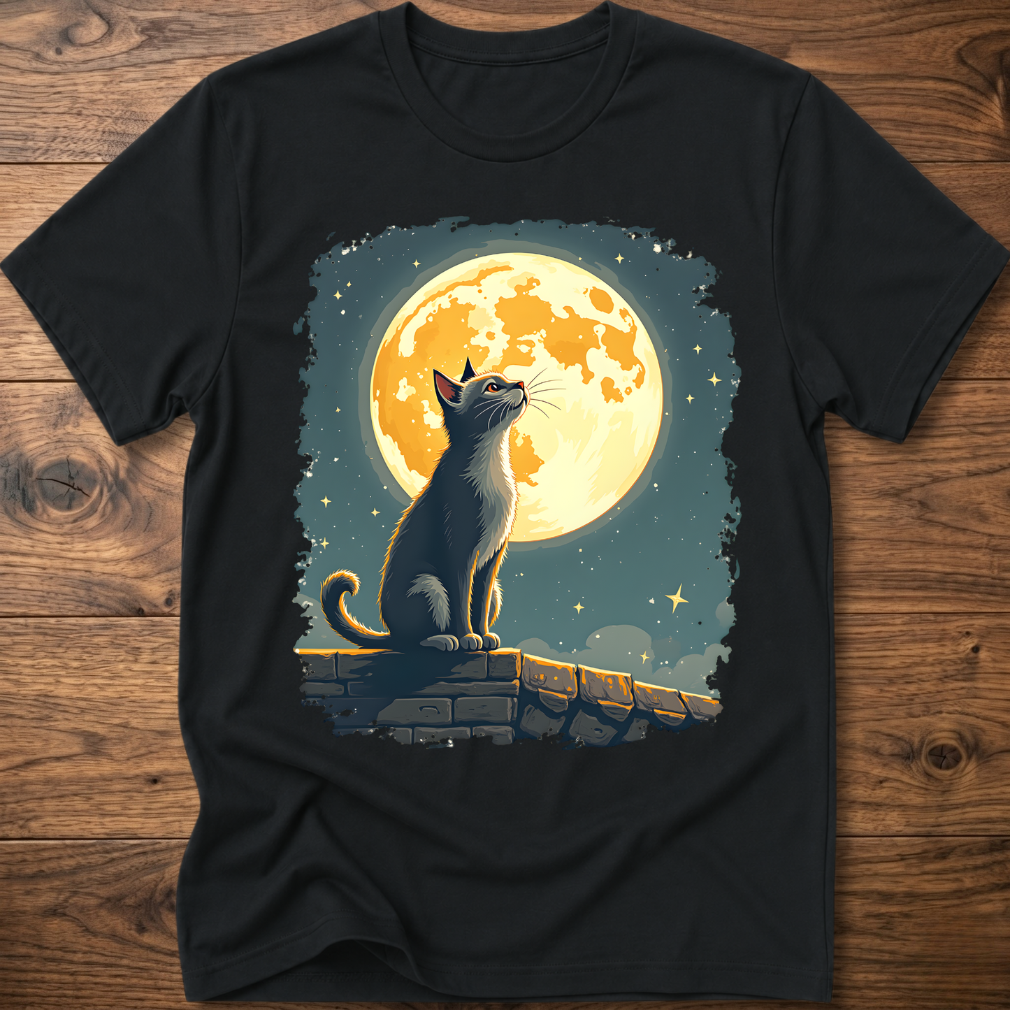 Black cat graphic t-shirt with moonlit mural print