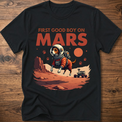 Black crewneck t-shirt with astronaut dog and 'First Good Boy on Mars' graphic