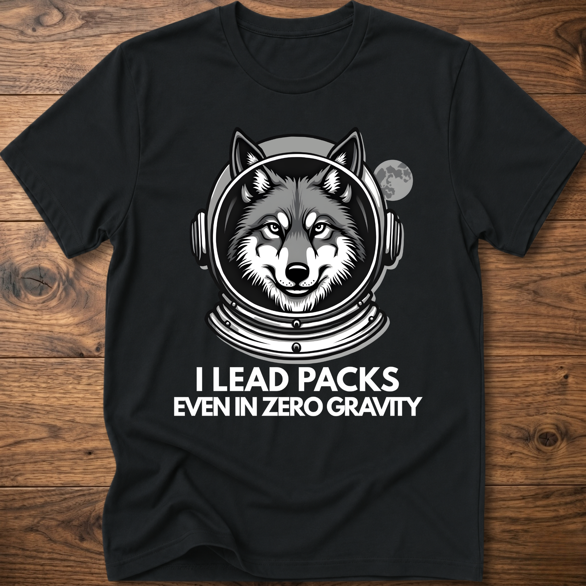 Black T-shirt with husky astronaut graphic and "I Lead Packs Even in Zero Gravity" text