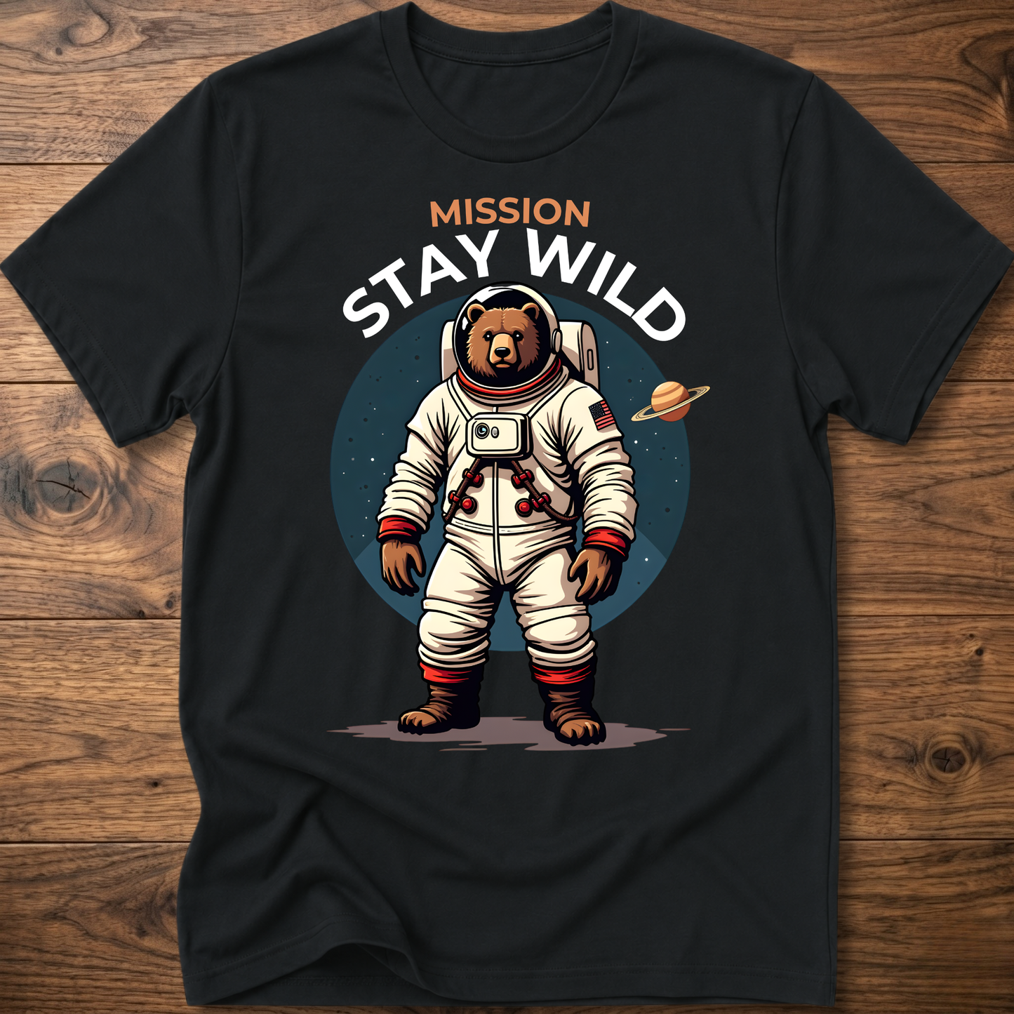 Black crew-neck T-shirt with 'Mission Stay Wild' astronaut bear graphic