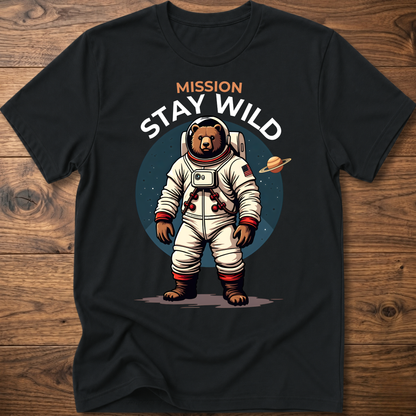 Black crew-neck T-shirt with 'Mission Stay Wild' astronaut bear graphic