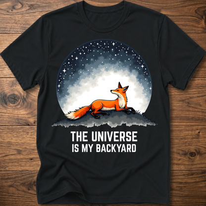 Black crewneck T-shirt with fox under space dome graphic and 'The Universe Is My Backyard'