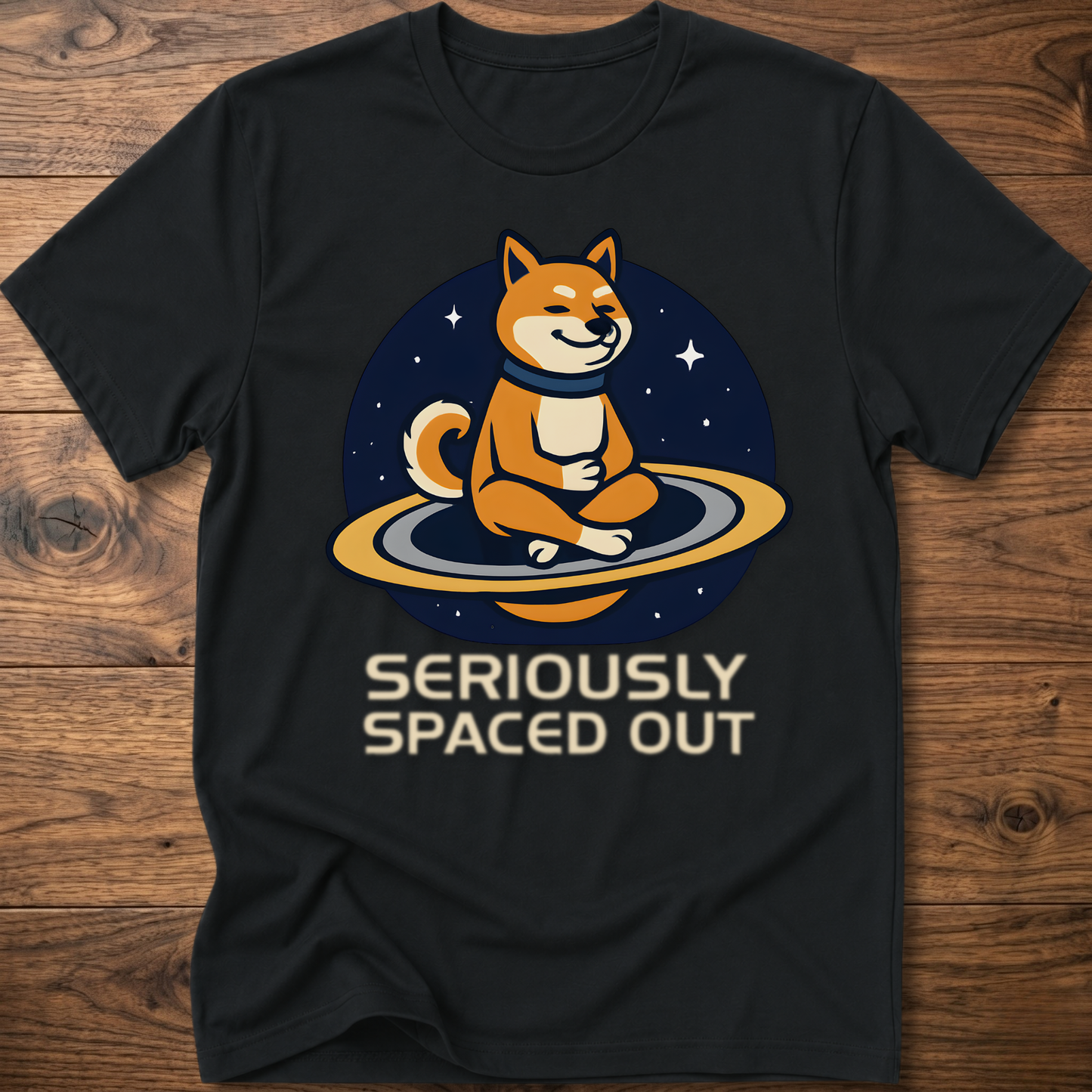 Black dog astronaut graphic t-shirt with "SERIOUSLY SPACED OUT" text