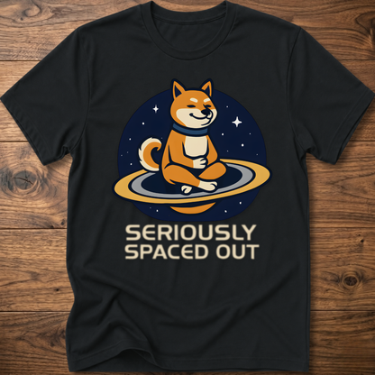 Black dog astronaut graphic t-shirt with "SERIOUSLY SPACED OUT" text