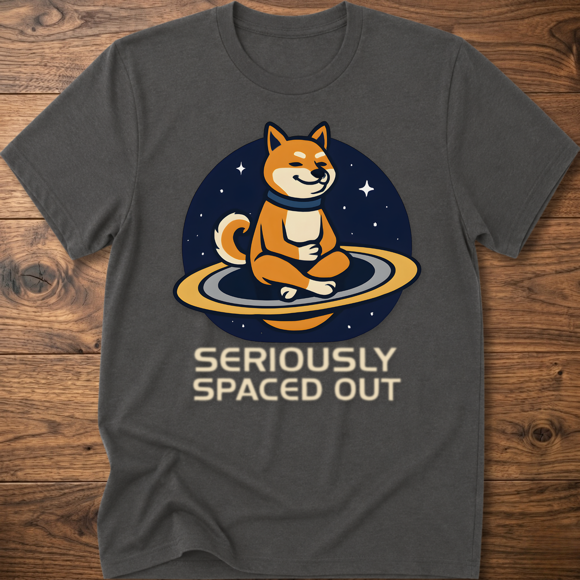 Charcoal dog astronaut graphic t-shirt with "SERIOUSLY SPACED OUT" text