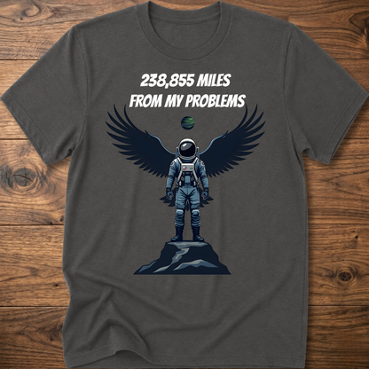 Dark heather crewneck t-shirt with astronaut-eagle graphic and text '238,855 Miles'.