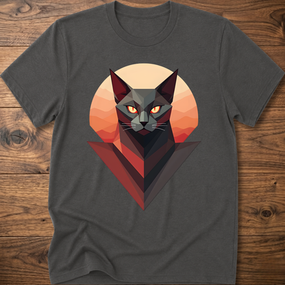 Charcoal gray crew-neck cat geometric graphic T-shirt, short sleeves, triangle cat face