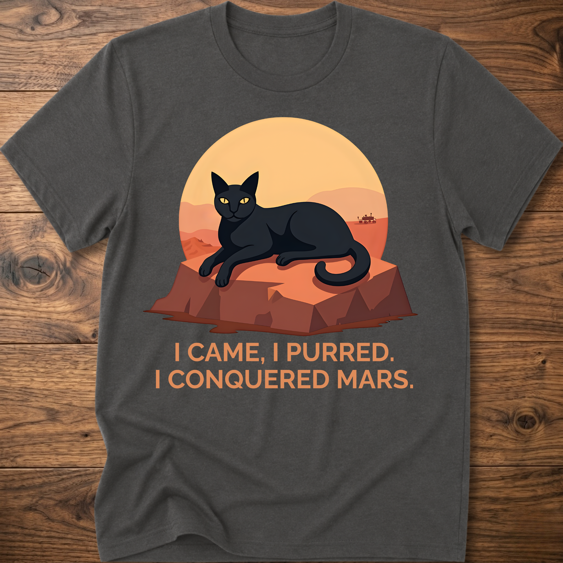 Conquered Cat T-shirt, charcoal; lounging cat graphic with orange text 'I CAME, I PURRED.'