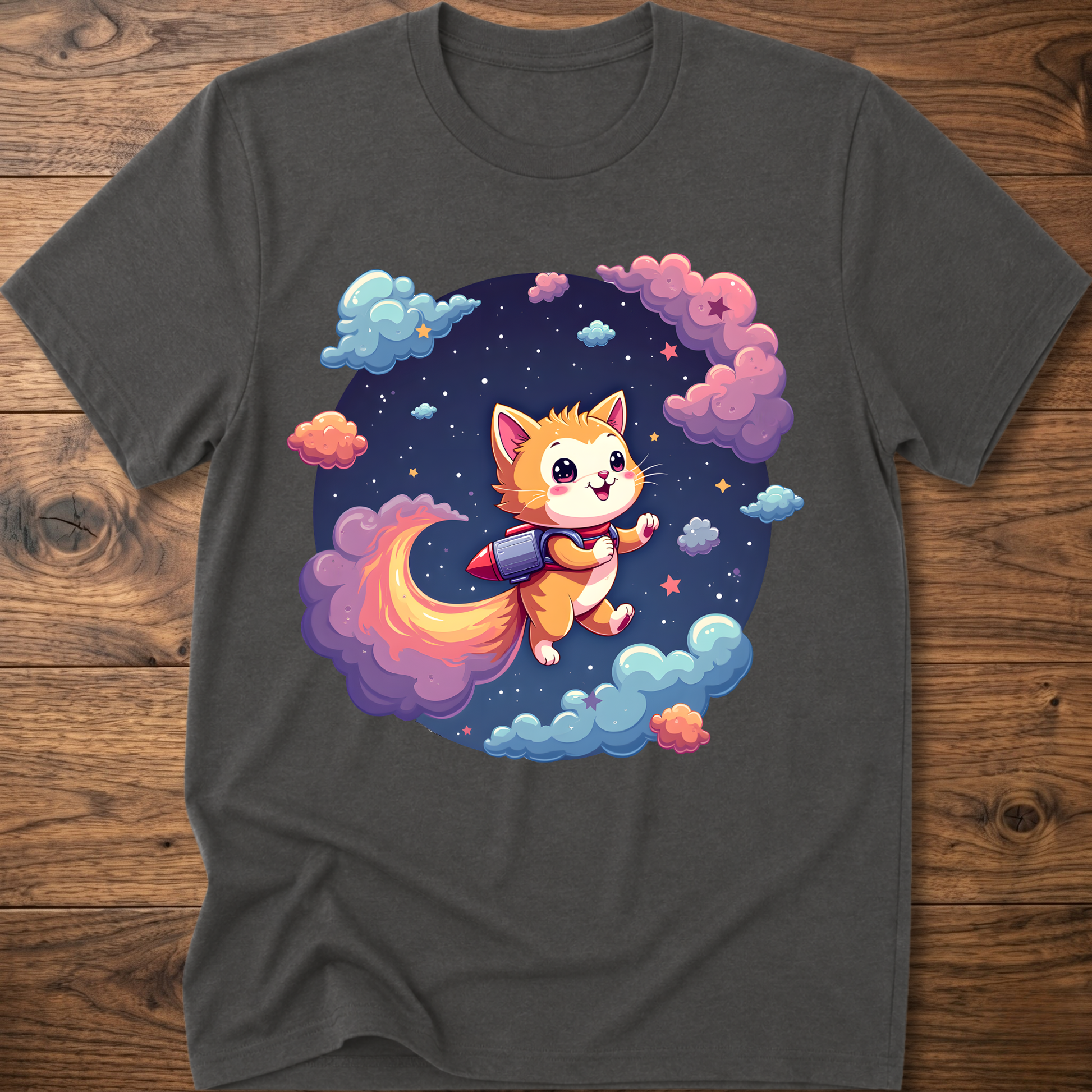 Charcoal kids' graphic T-shirt with smiling orange astronaut cat in a galaxy wreath