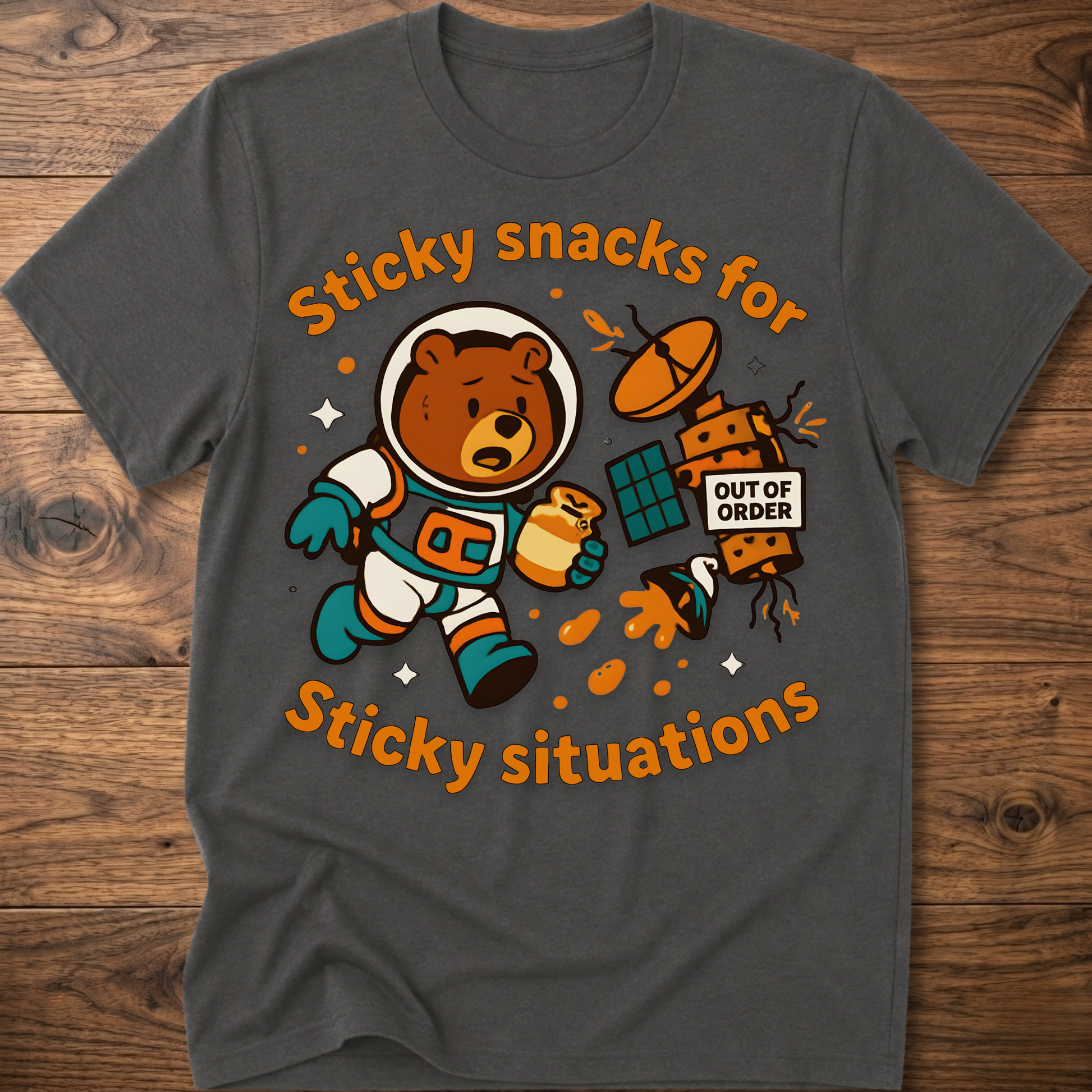 Charcoal bear graphic t-shirt with cartoon snack scene and 'Out of Order' badge