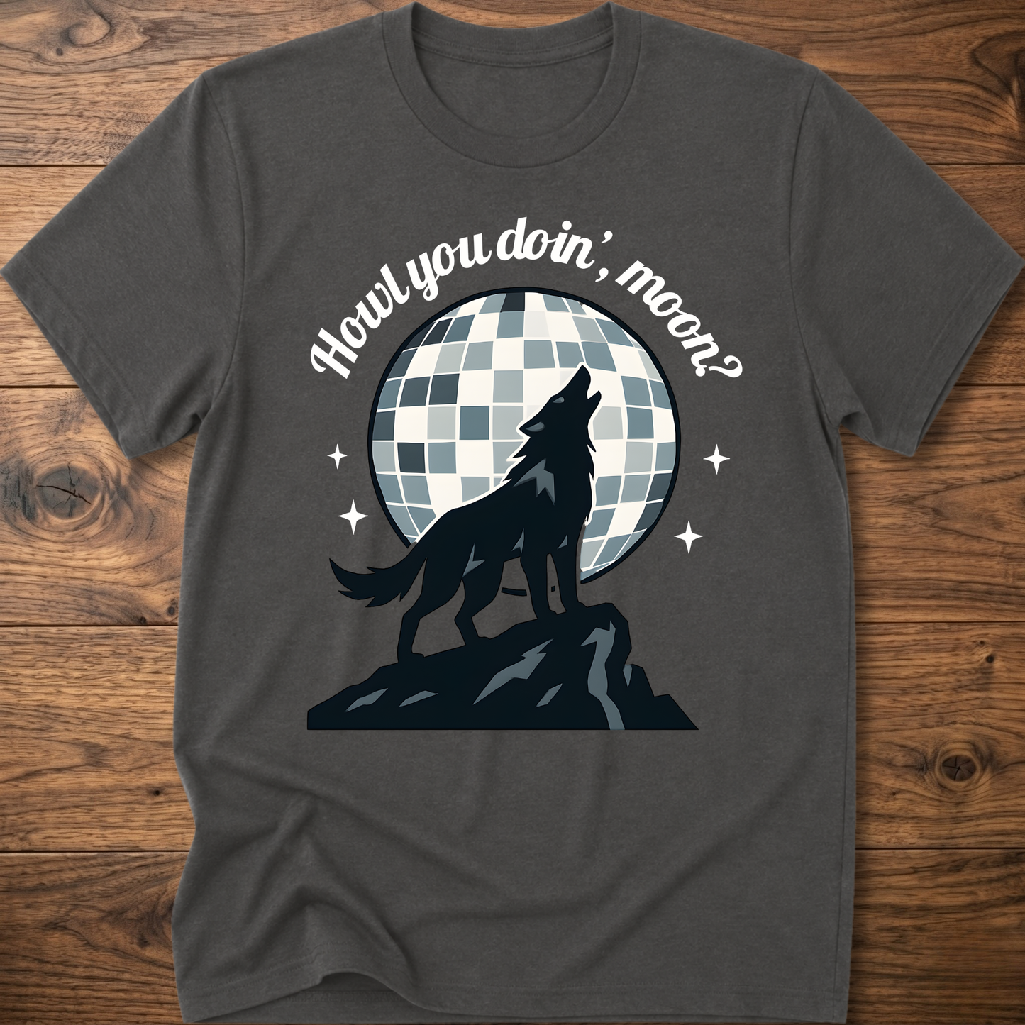 Charcoal gray wolf graphic T-shirt with circular check background and slogan text