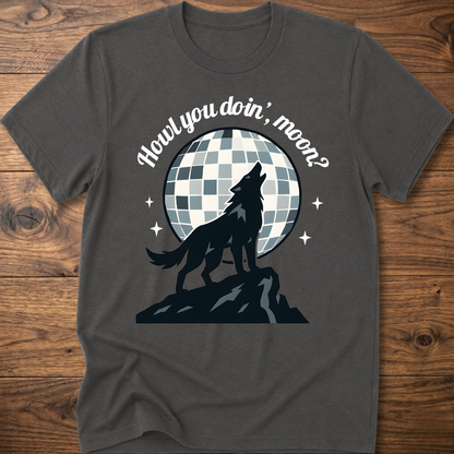 Charcoal gray wolf graphic T-shirt with circular check background and slogan text
