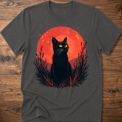 Dark gray T-shirt with black cat graphic in red-orange halo and night-plant silhouettes