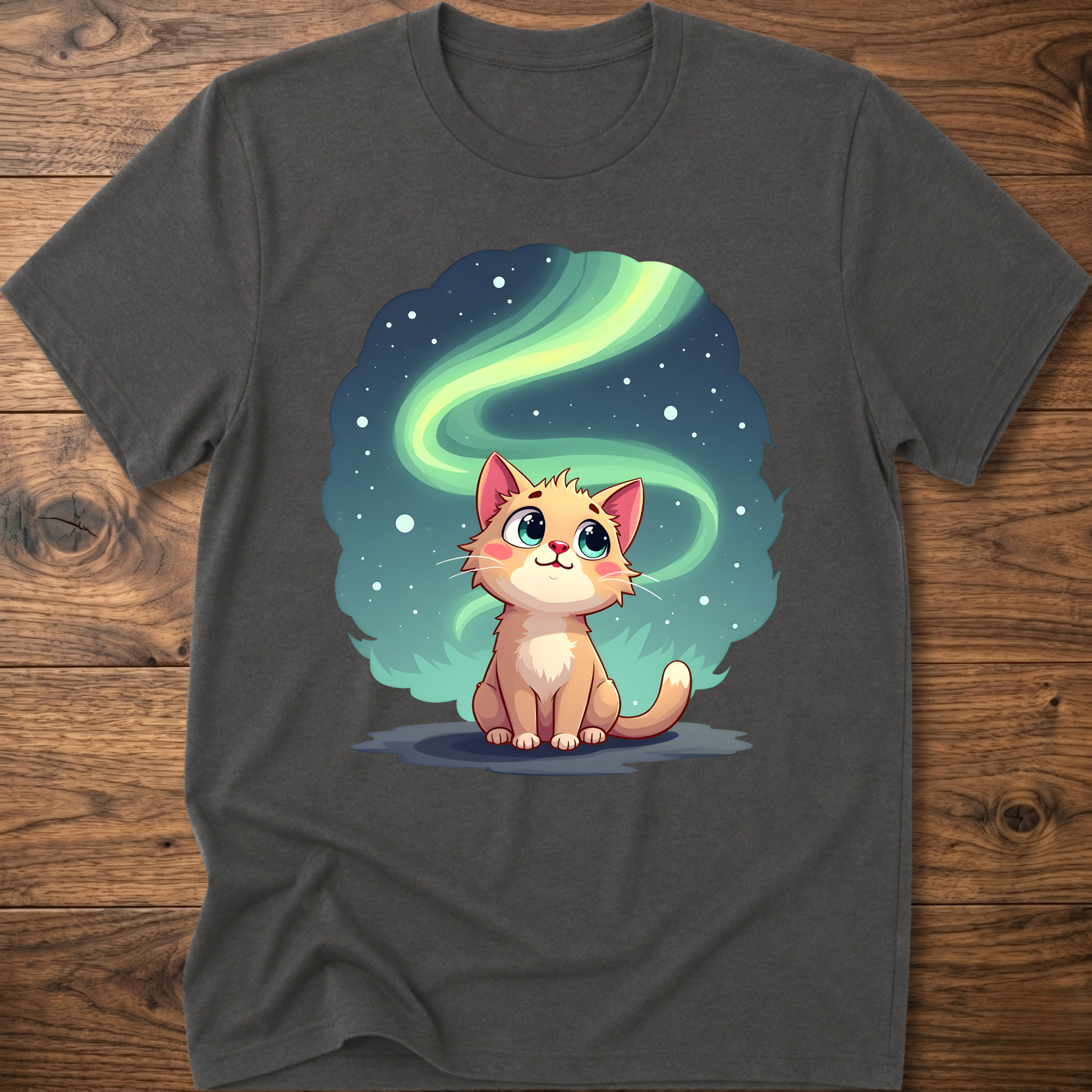 Dark gray kitty graphic t-shirt with glowing green swirl and cute cat