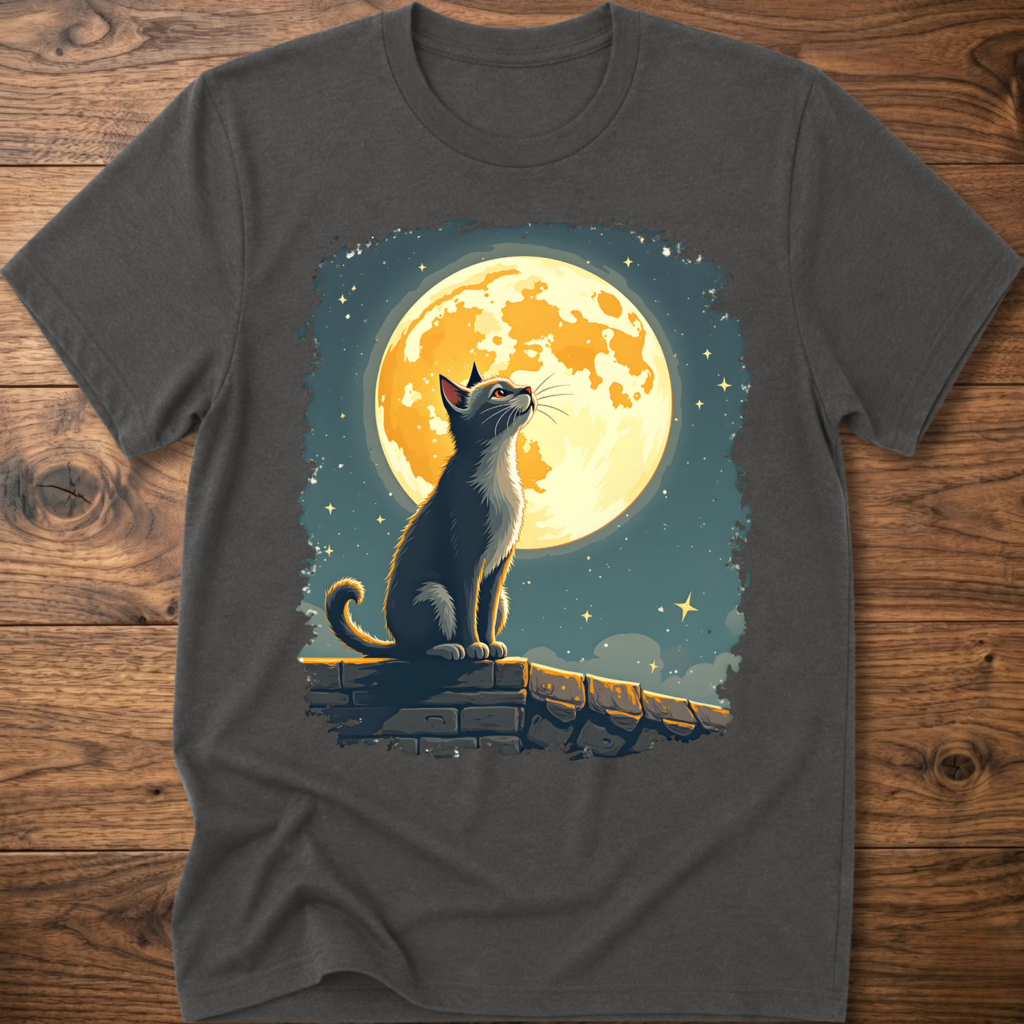 Heather gray cat graphic t-shirt with moonlit mural print