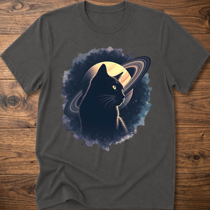 Dark gray cat graphic t-shirt with moon and swirl design, crew neck short sleeves