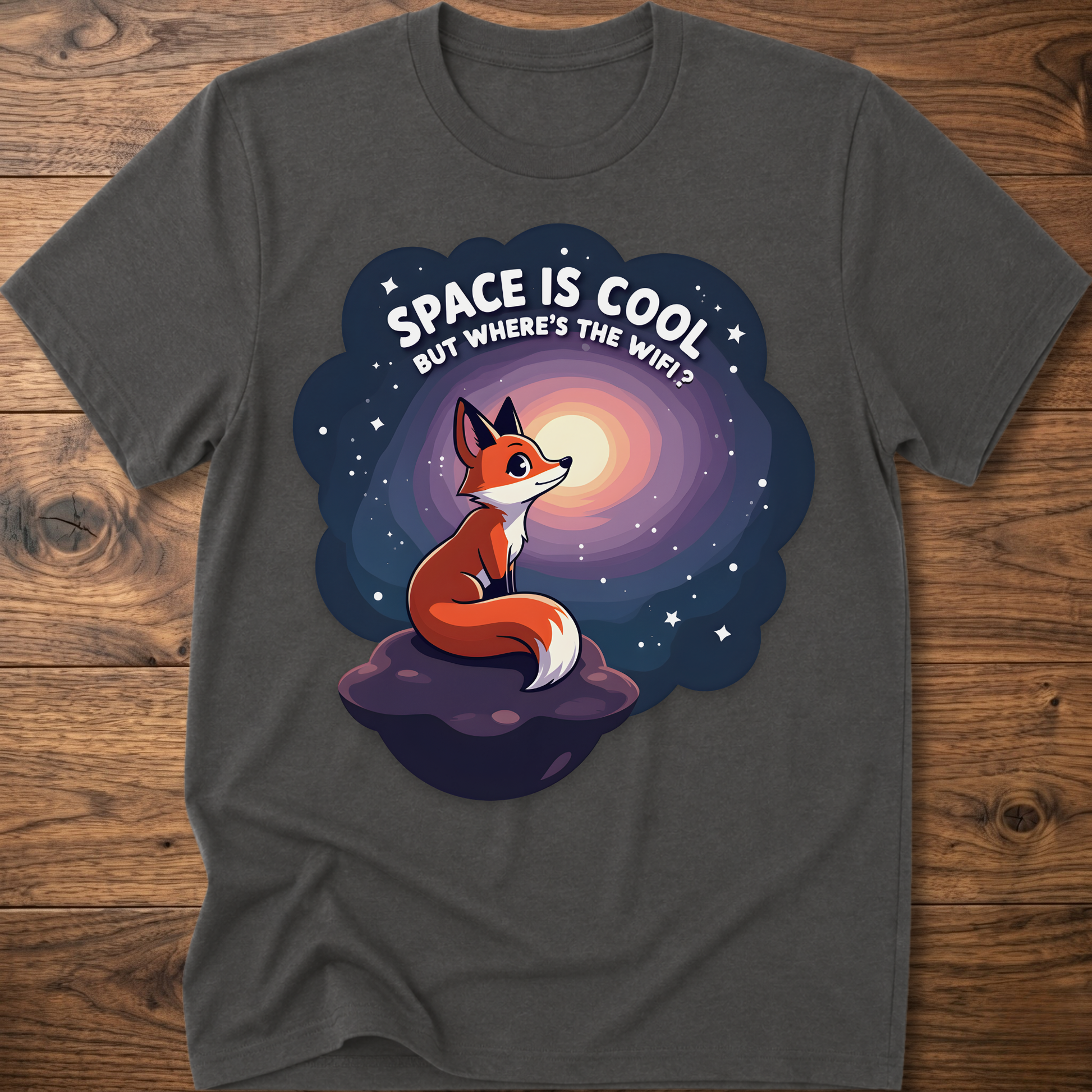 Heather gray t-shirt with cartoon fox in space swirl graphic and “SPACE IS COOL” text