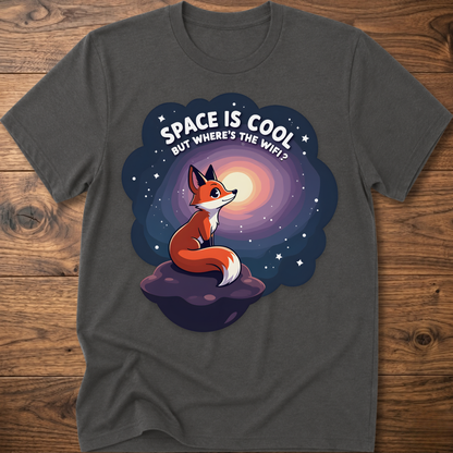 Heather gray t-shirt with cartoon fox in space swirl graphic and “SPACE IS COOL” text