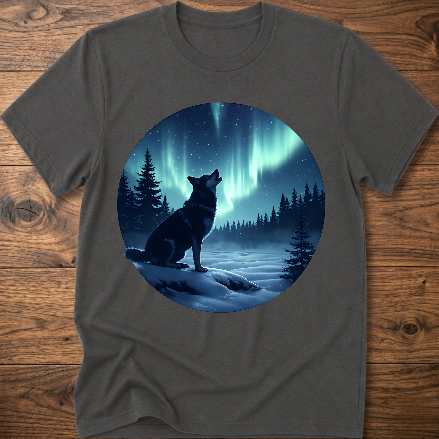 Charcoal dog graphic t-shirt with circular aurora scene and dog silhouette