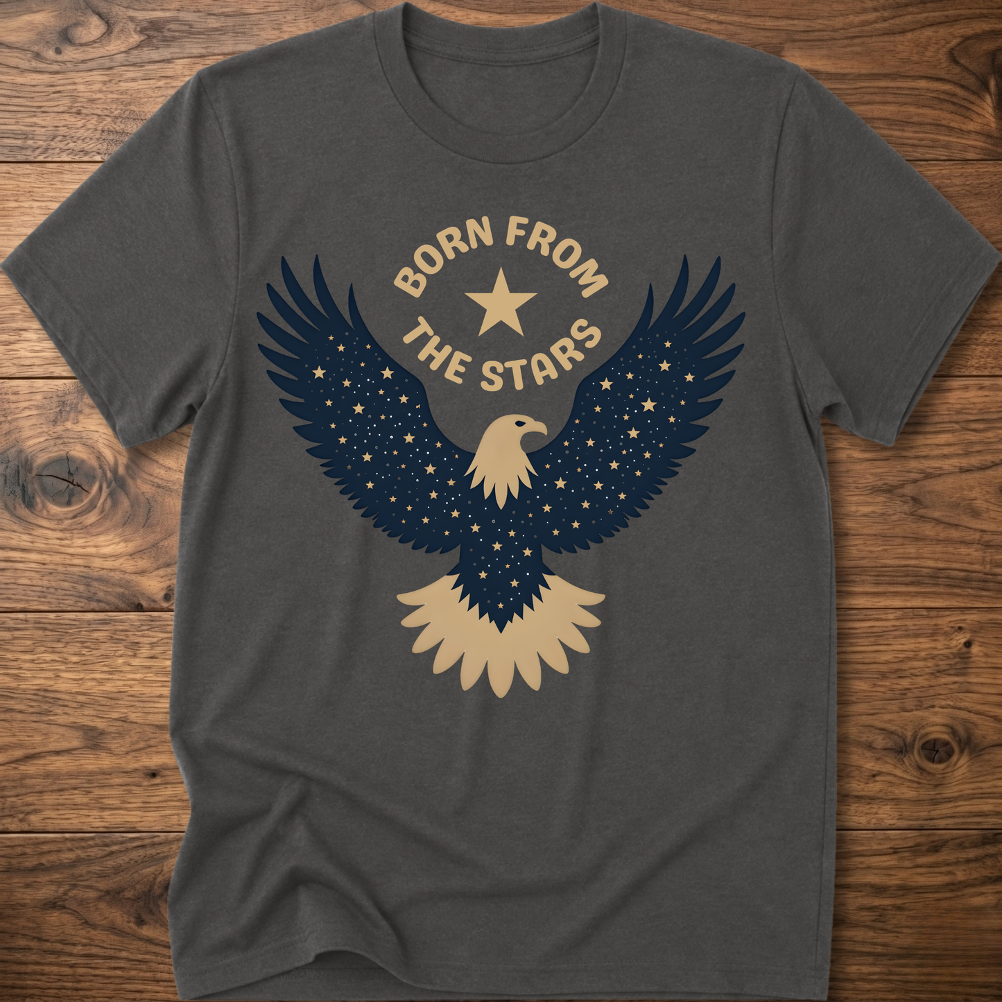 Charcoal graphic eagle T-shirt with 'Born From the Stars' star-wing emblem