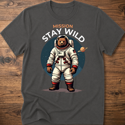 Charcoal crew-neck T-shirt with 'Mission Stay Wild' astronaut bear graphic